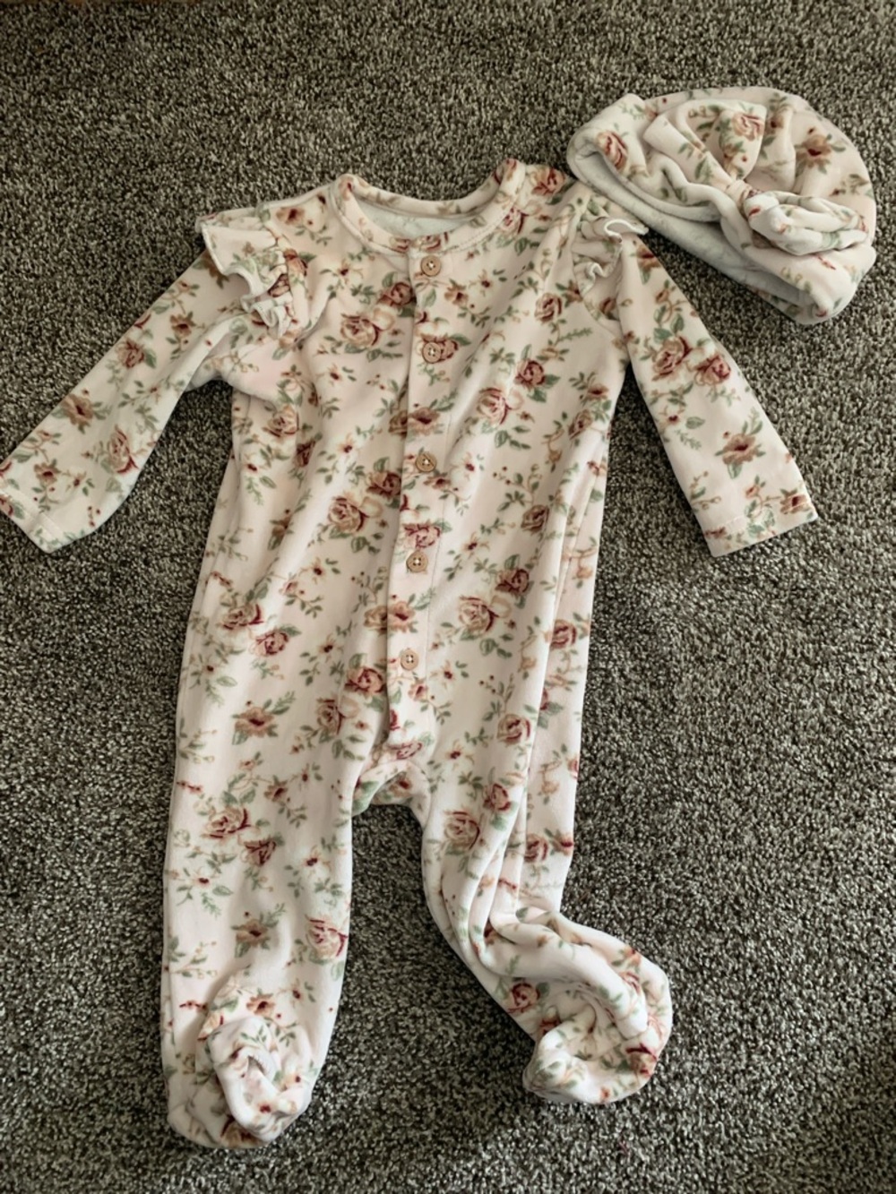 Floral Footed Baby One-Piece with Matching Hat - Cream Floral